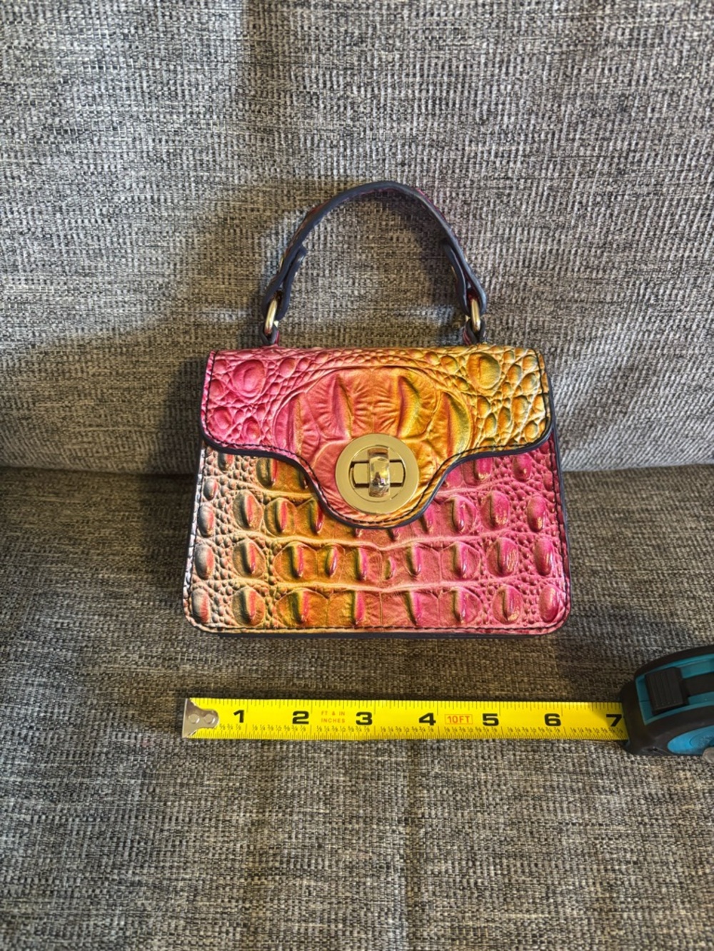 Croc-Embossed Mini Top-Handle Bag Pink and Orange Gradient - Picture 2 of 7